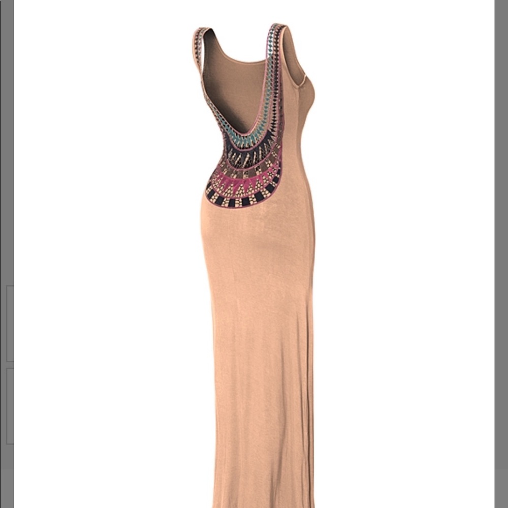 Taupe Appliqué Low-Back Maxi Dress